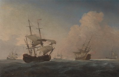 Navires de guerre anglais inclinés dans la brise au large - Willem van de Velde the Younger